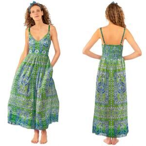 Gretchen Scott Dress Womens Small Green Fiesta Chiffon Maxi Sleeveless Smocked
